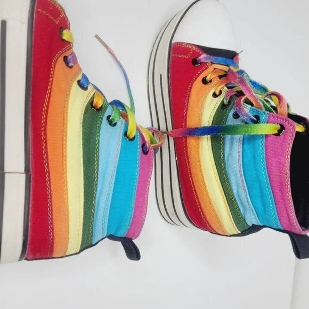 Vintage 90s Rare Rainbow Pride Rave Chunky Lace Up High Top Sneaker
